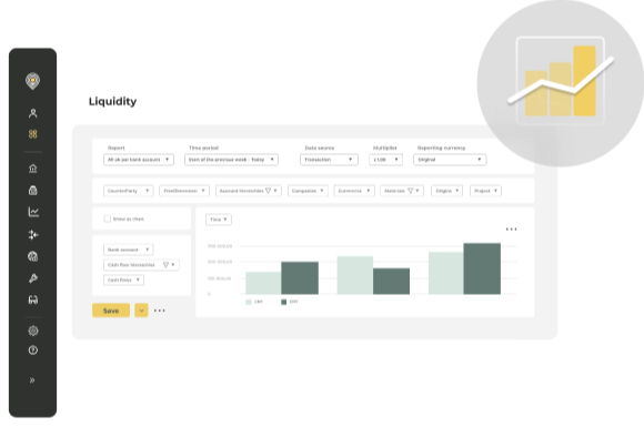 Nomentia liquidity dashboard showing cash positions and cash flow by period across currencies